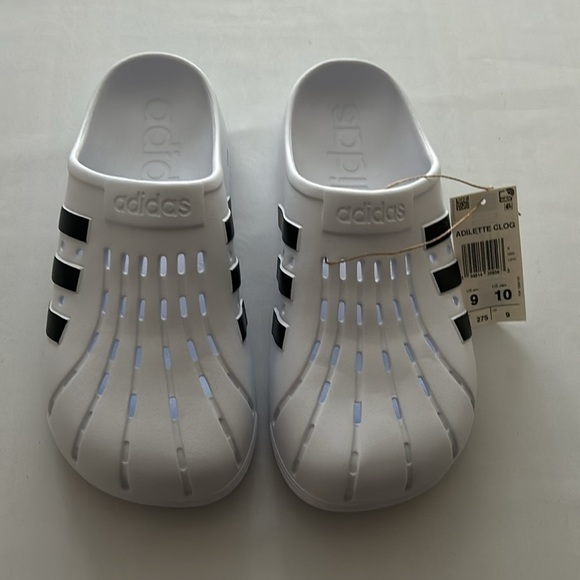 )NWT) Adidas Adilette Unisex Clogs in White & Black, (10 Women’s) (9 Men’s) - Picture 14 of 17